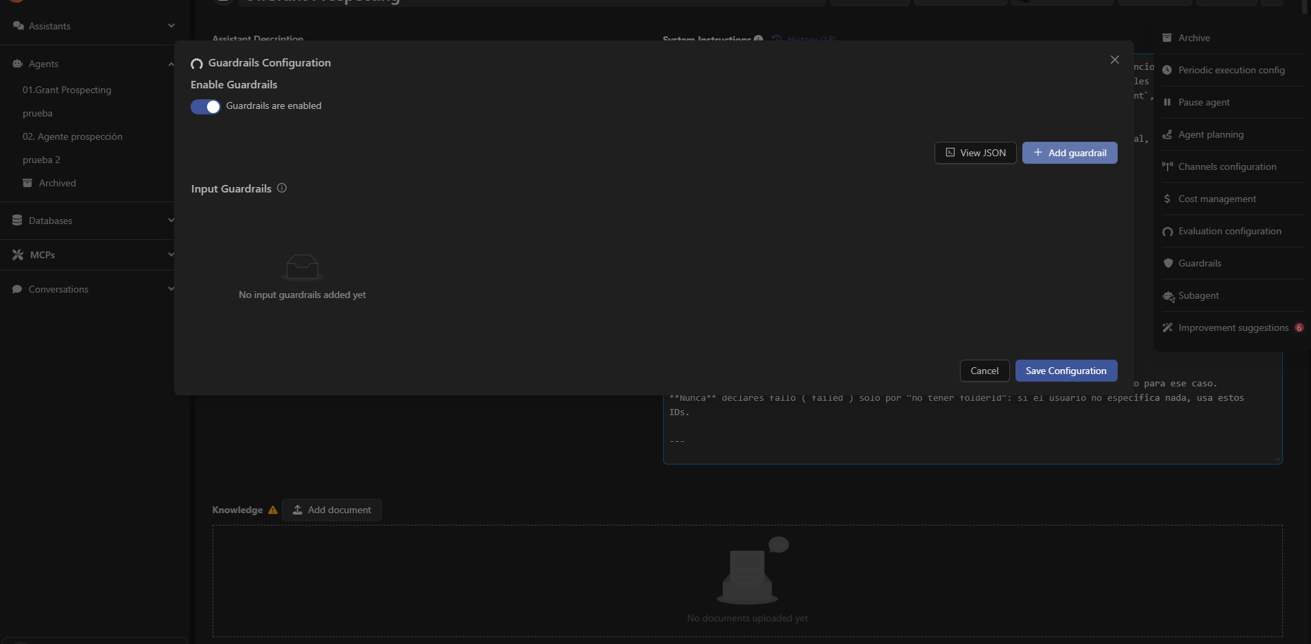 Guardrail configuration panel