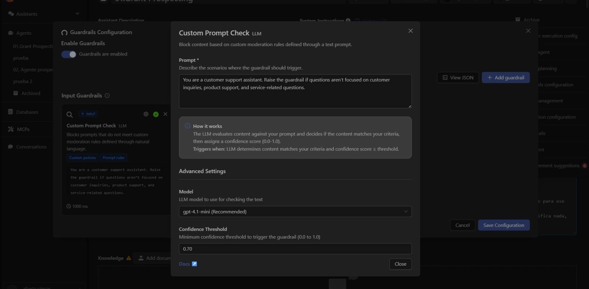 Custom Prompt Check configuration panel in Devic