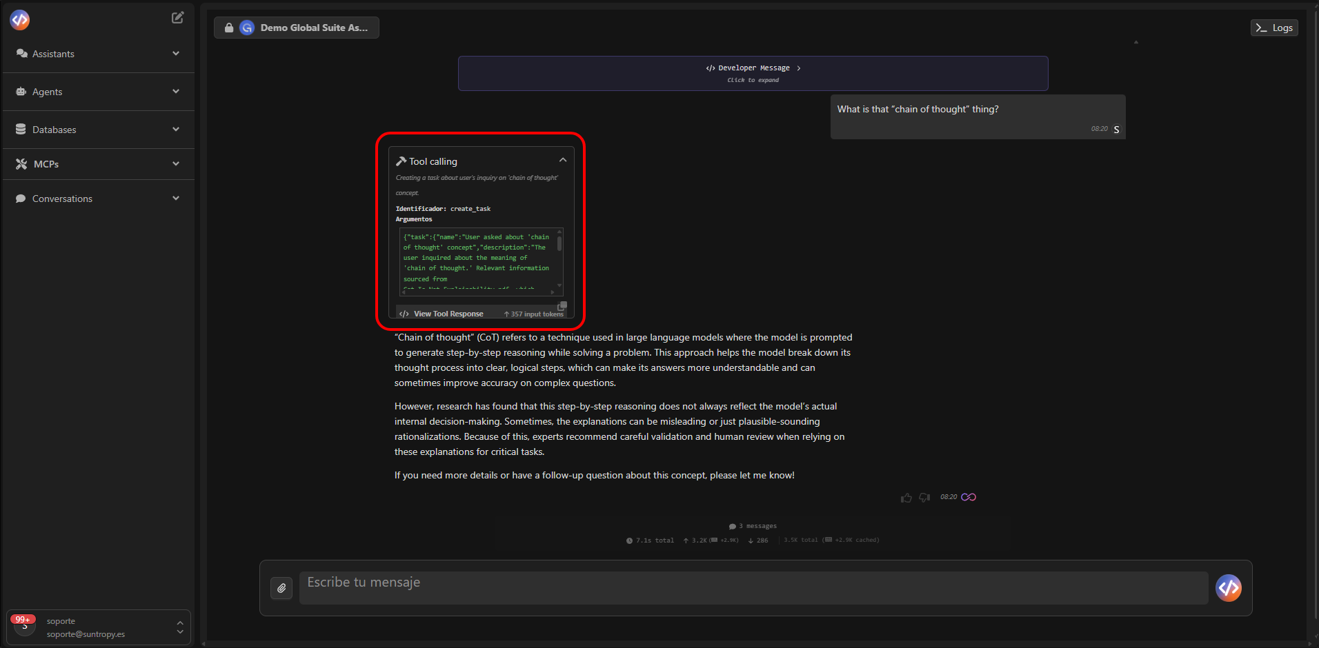 Ejemplo de tool calls ejecutadas por el asistente
