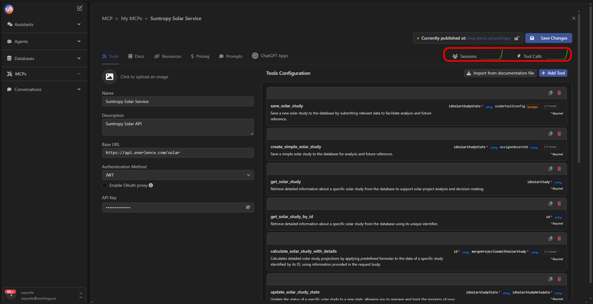 Panel de sesiones activo