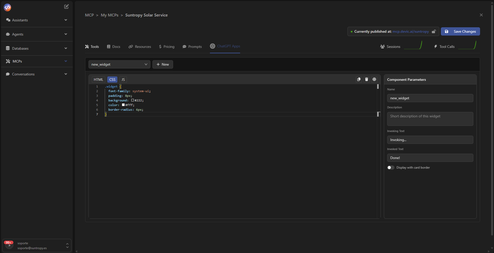 Editor HTML, CSS y JS del widget