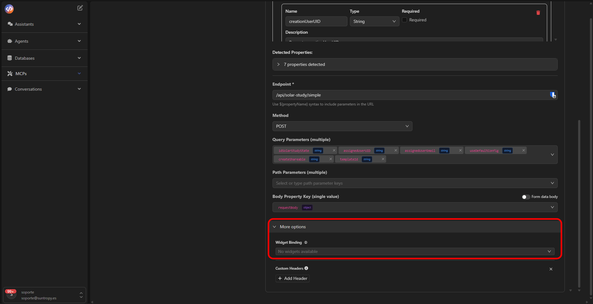 Vincular widget en More Options de la Tool