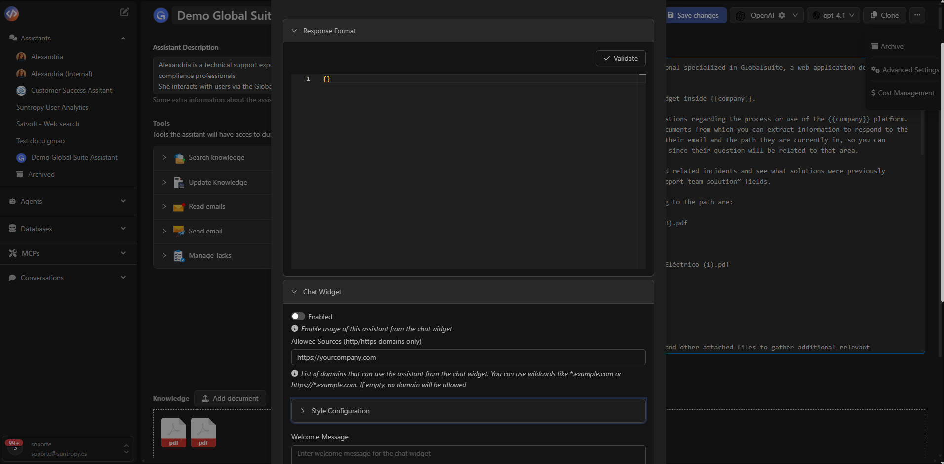 Configuración avanzada del asistente con formato de respuesta