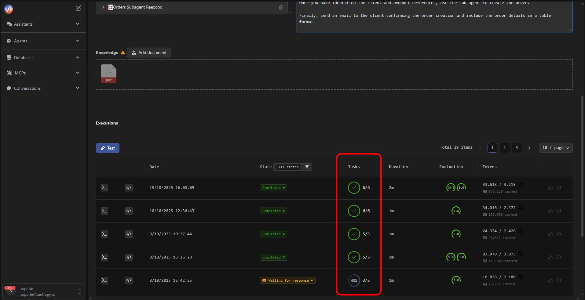 Vista general de tareas en ejecución
