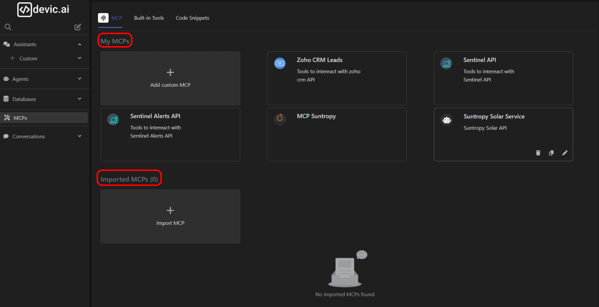 Vista de MCPs importados