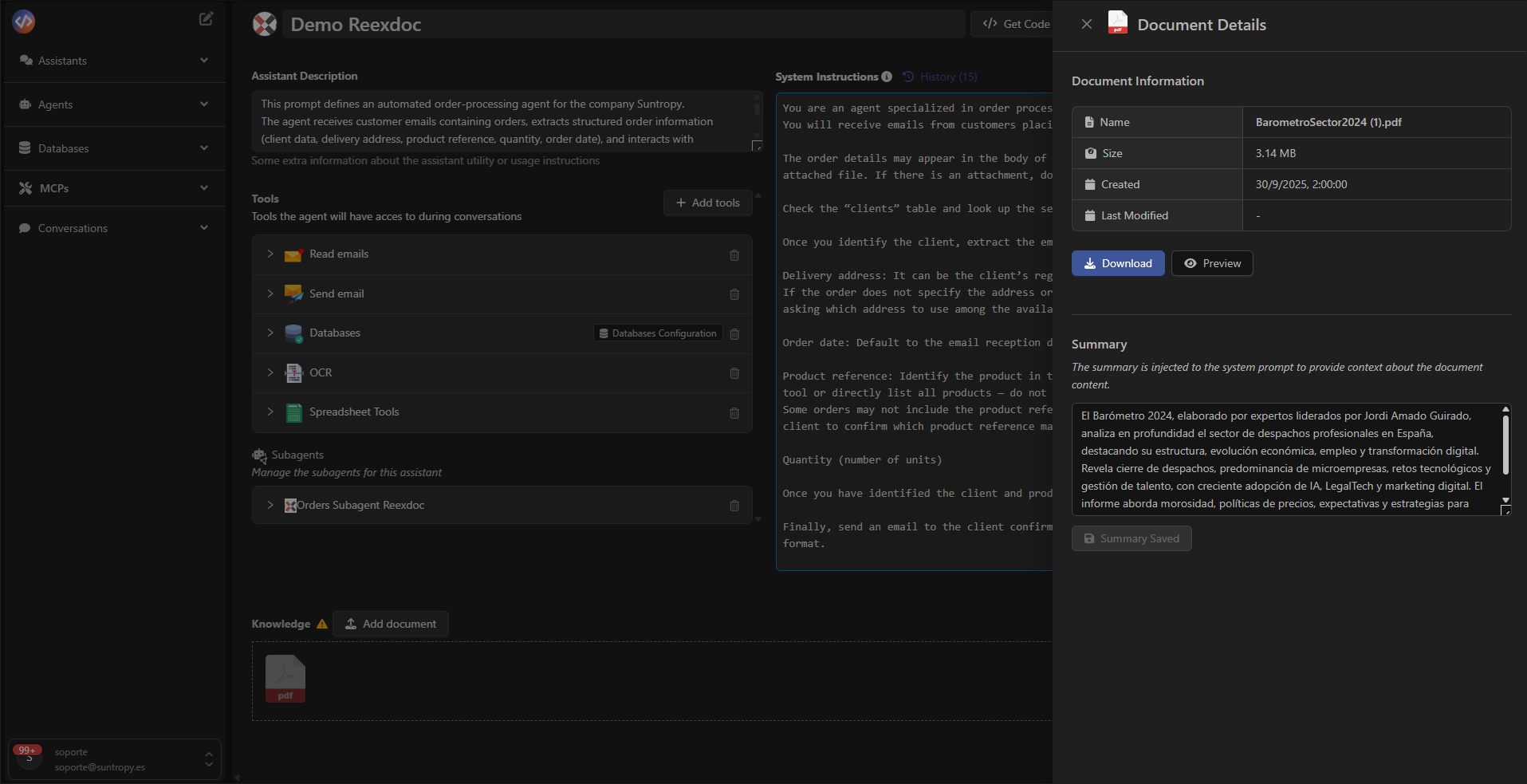 Detalle del documento en el panel lateral