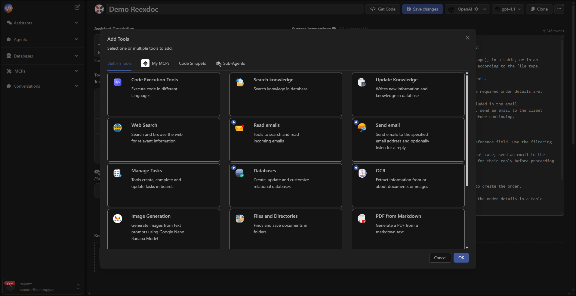 Panel de Tools en el agente
