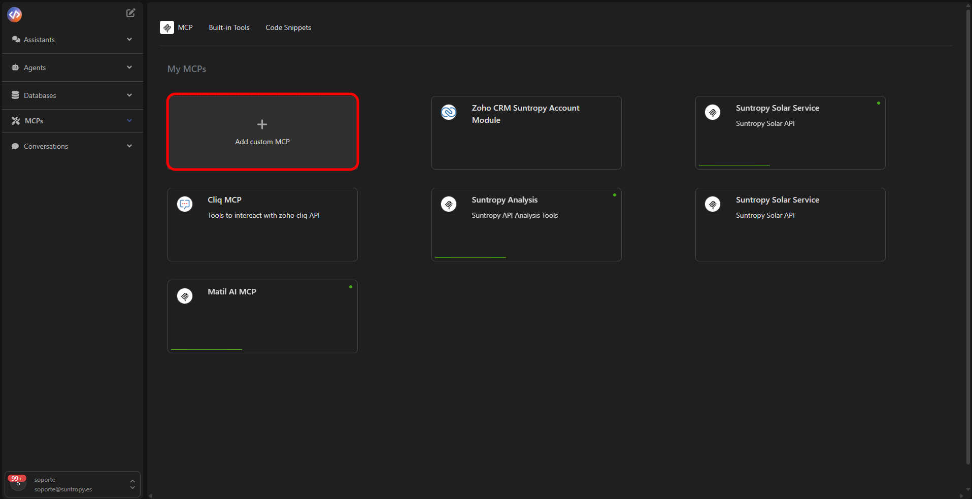 Vista del botón Add custom MCP