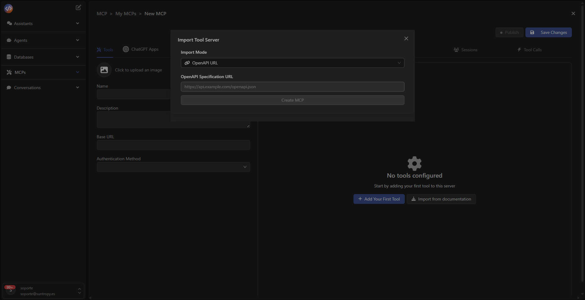 Import Tool Server - opciones de importación
