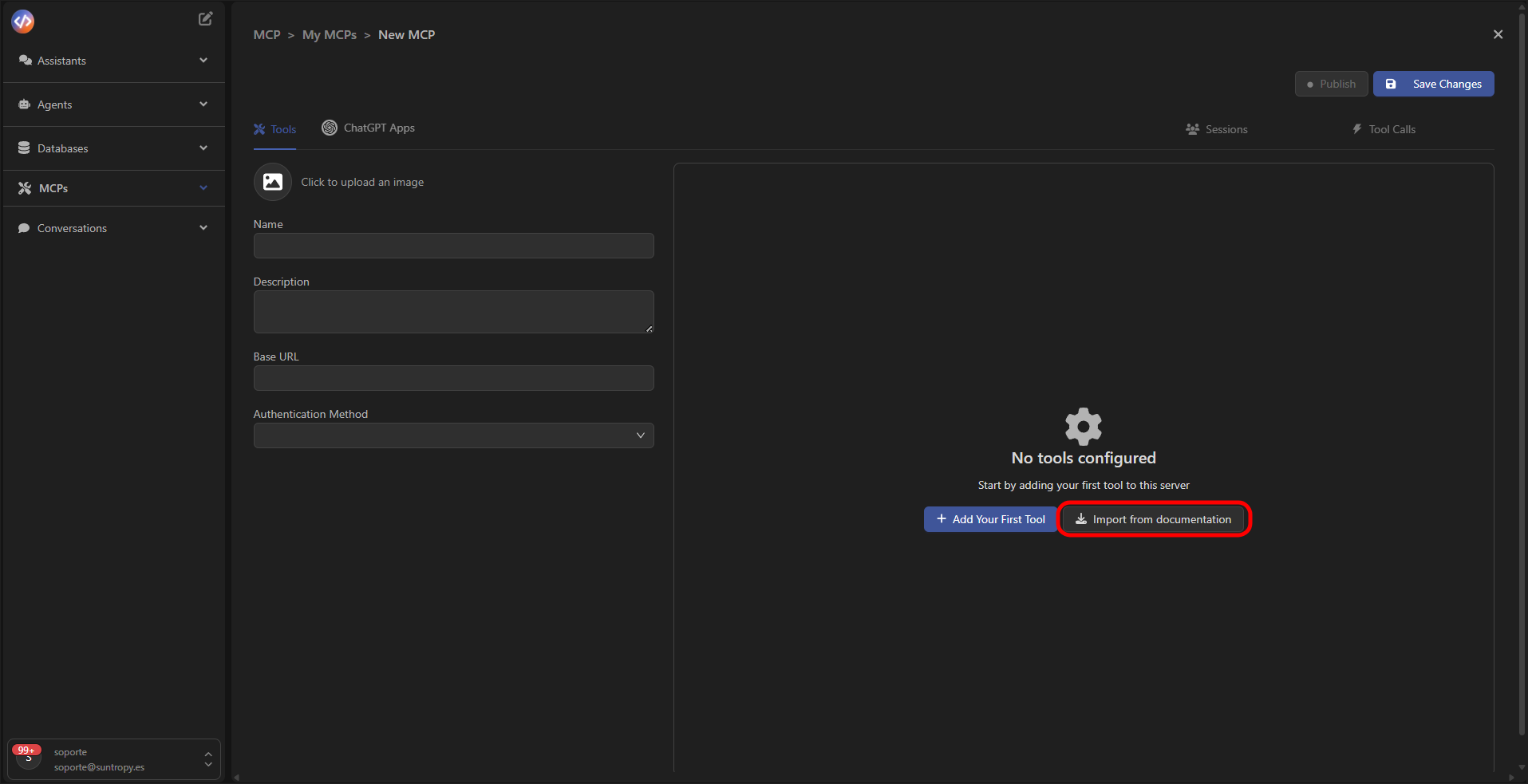 Import Tool Server - opciones de importación