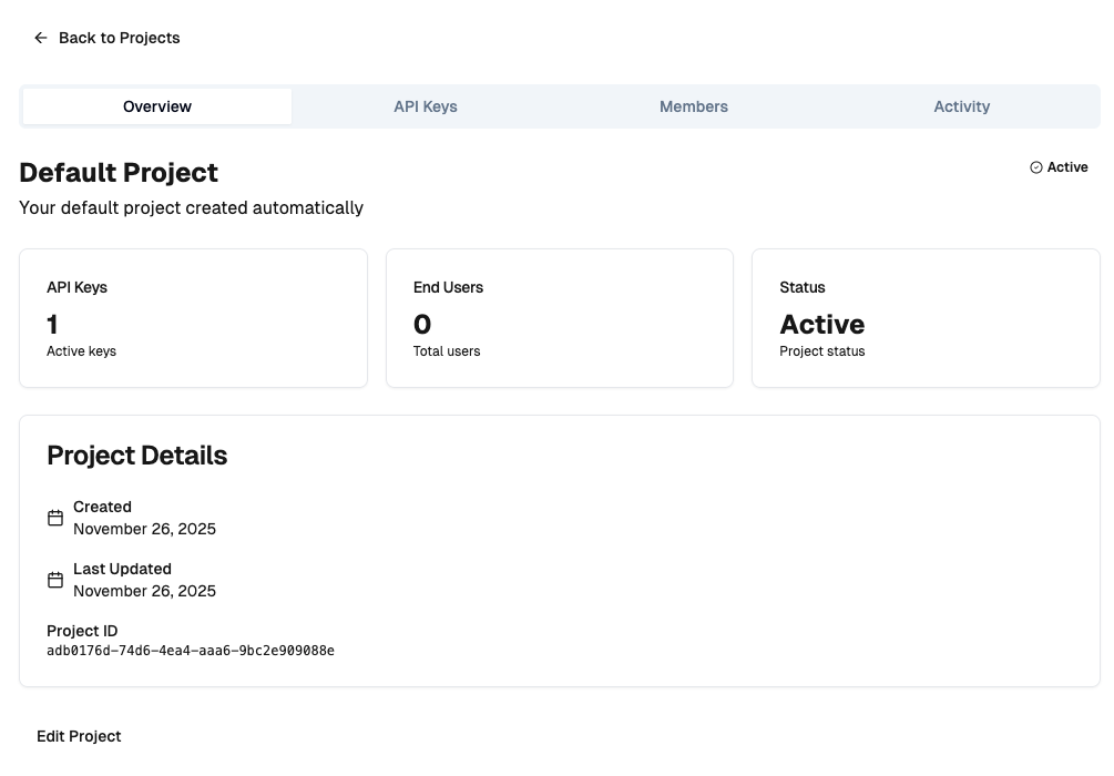 Screenshot of project details page showing tabbed interface