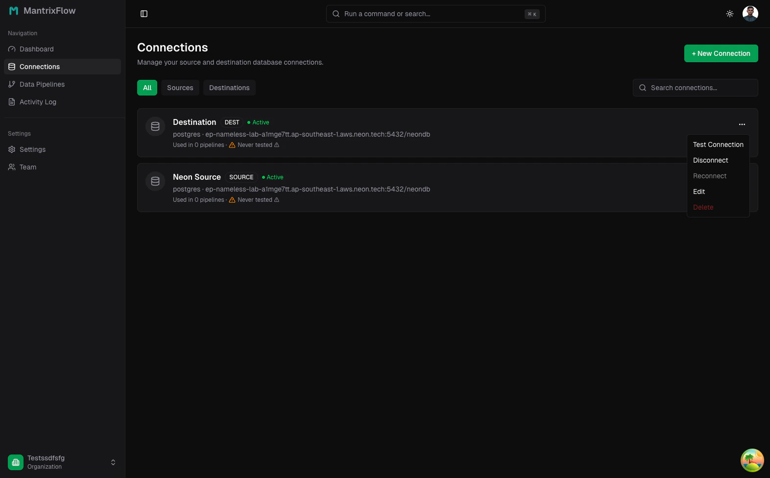 Connection row menu — Test, Edit, Delete