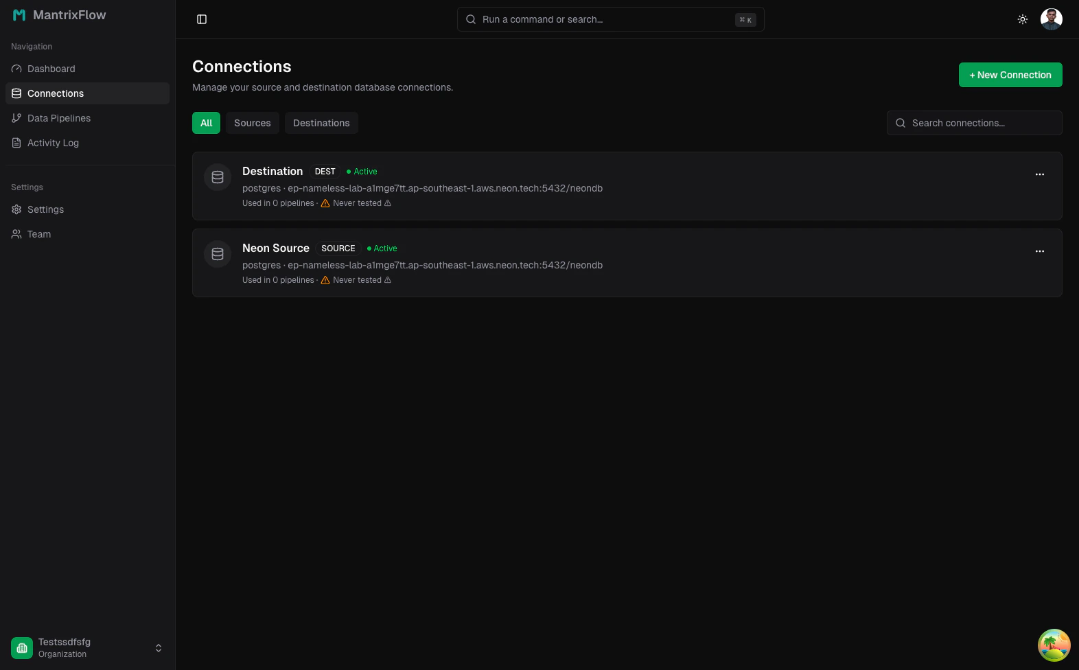 Connections list with filters