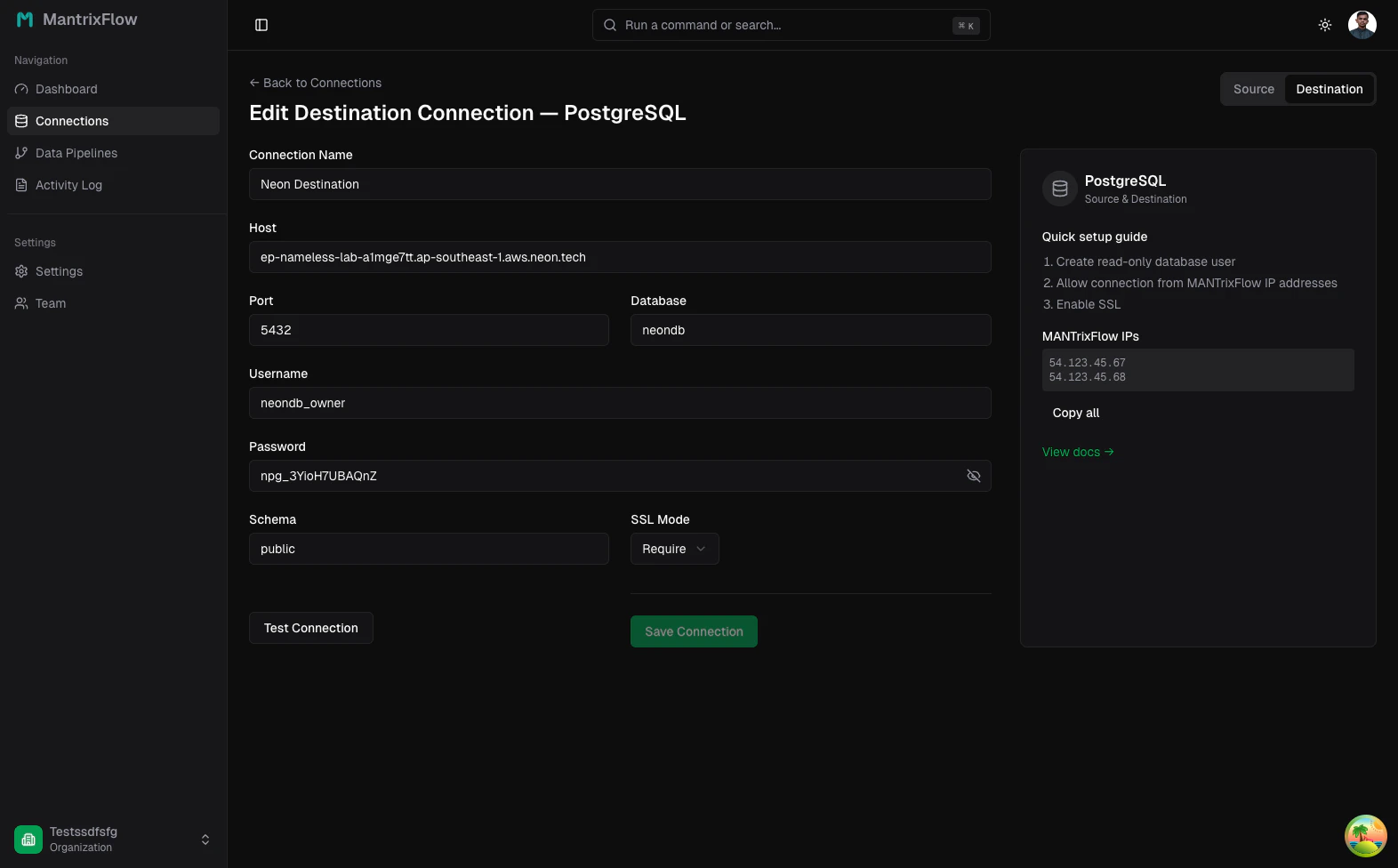 Neon destination — filled form