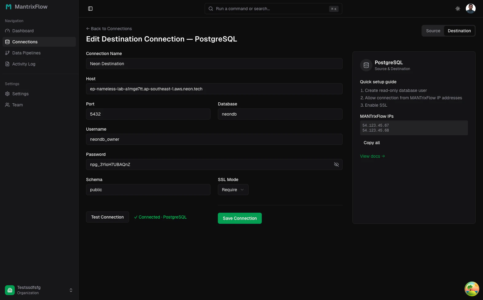 Neon destination — test succeeded