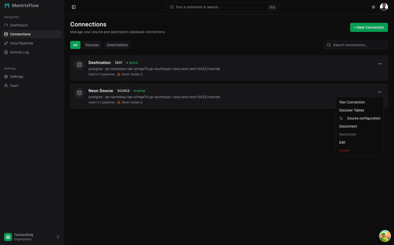 Neon Source row menu with Discover Tables