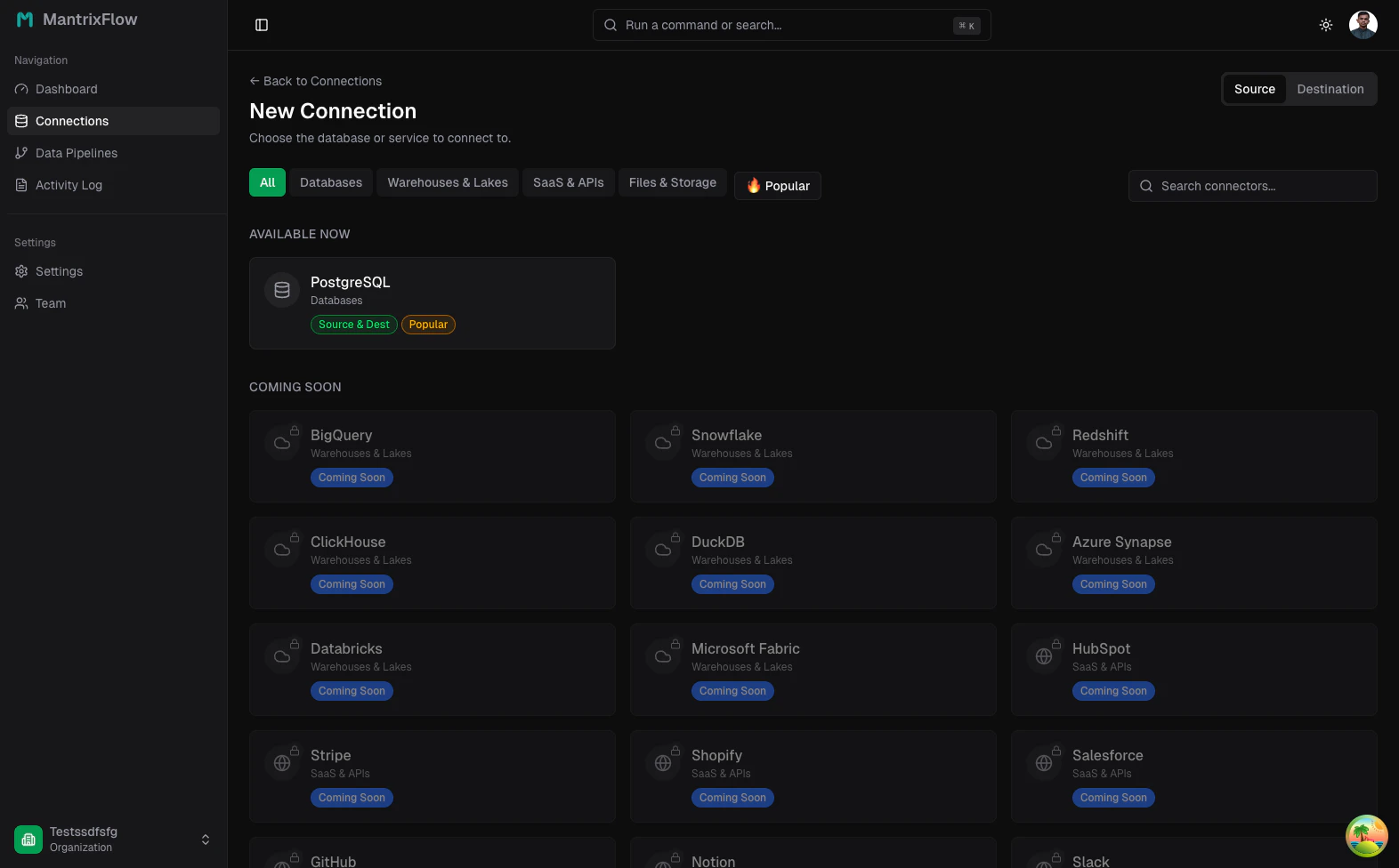 New connection catalog — source vs destination