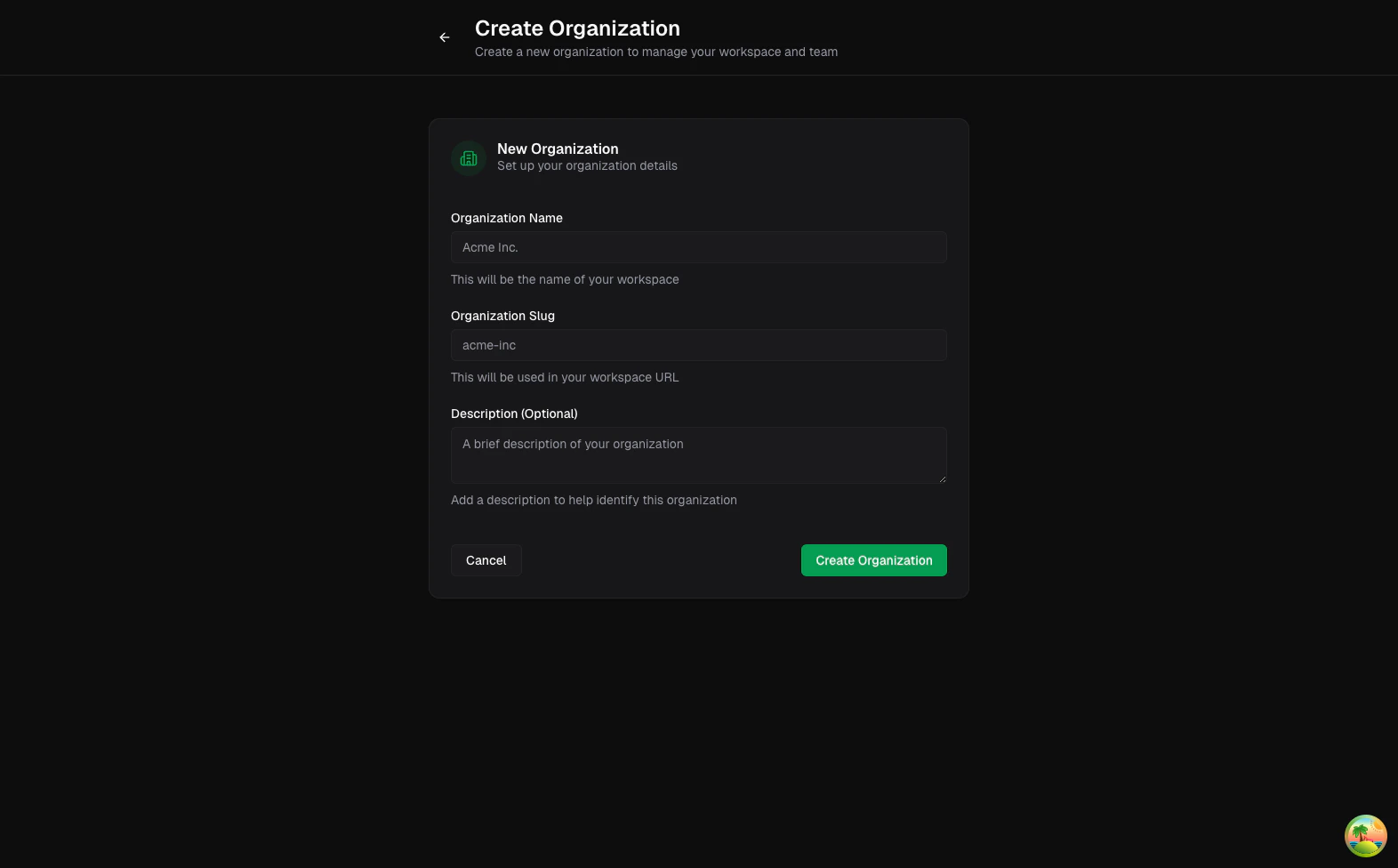 Create organization form