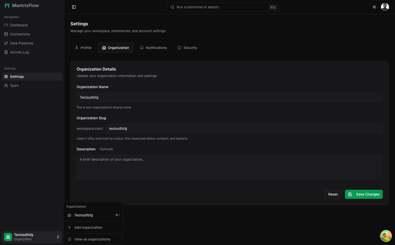 Organization switcher menu
