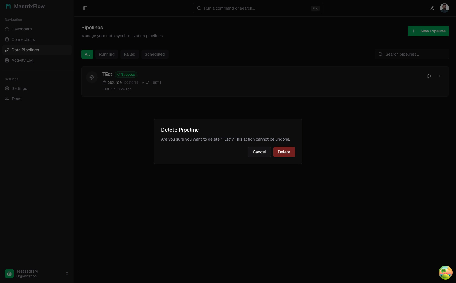 Delete pipeline confirmation