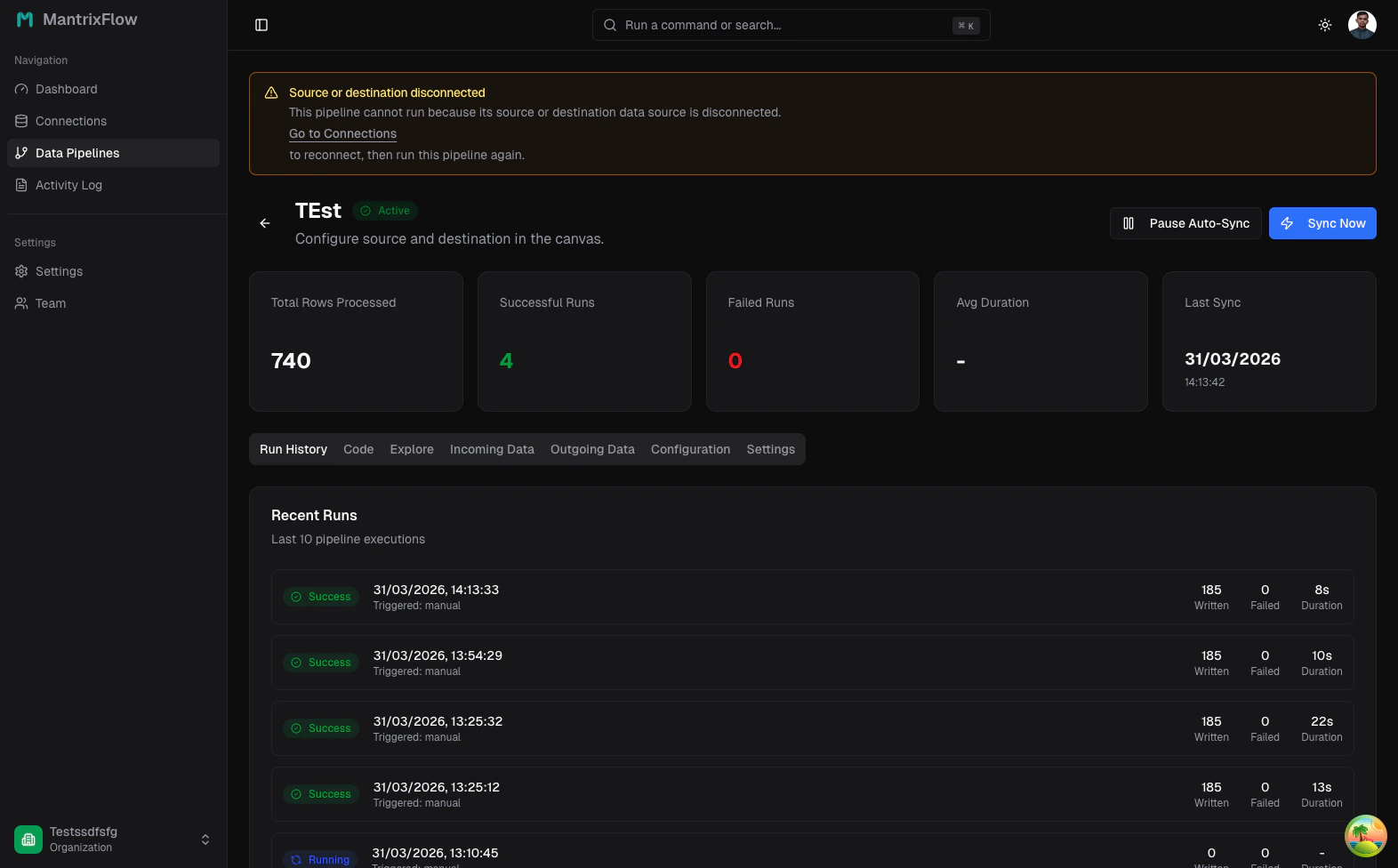 Pipeline detail — run history and warning banner
