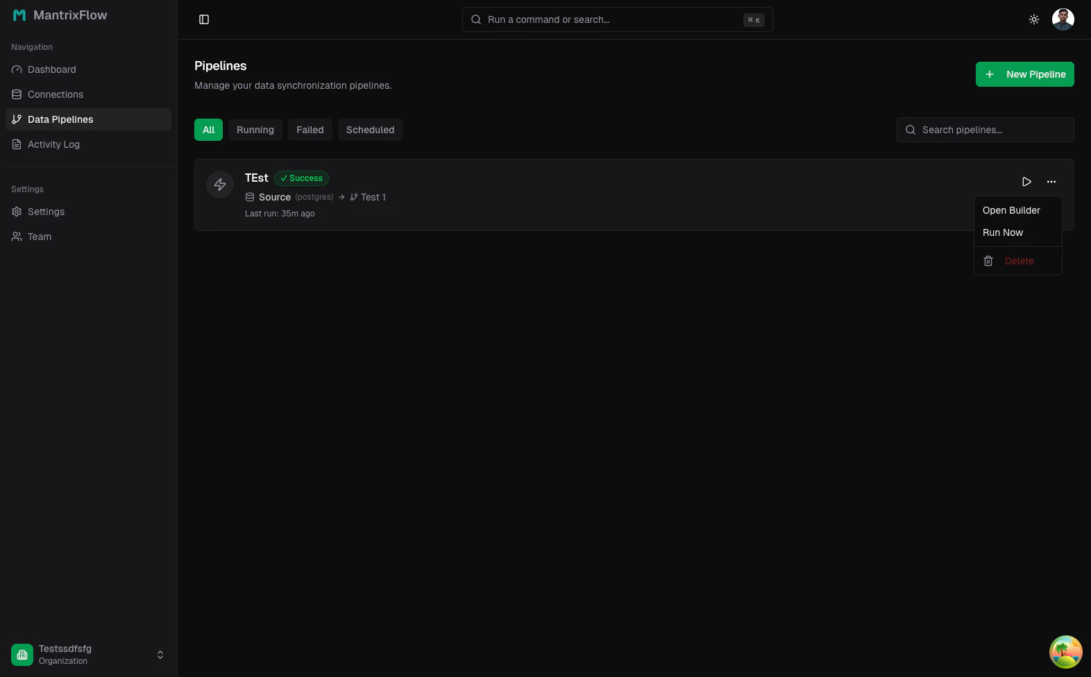 Pipeline row overflow menu