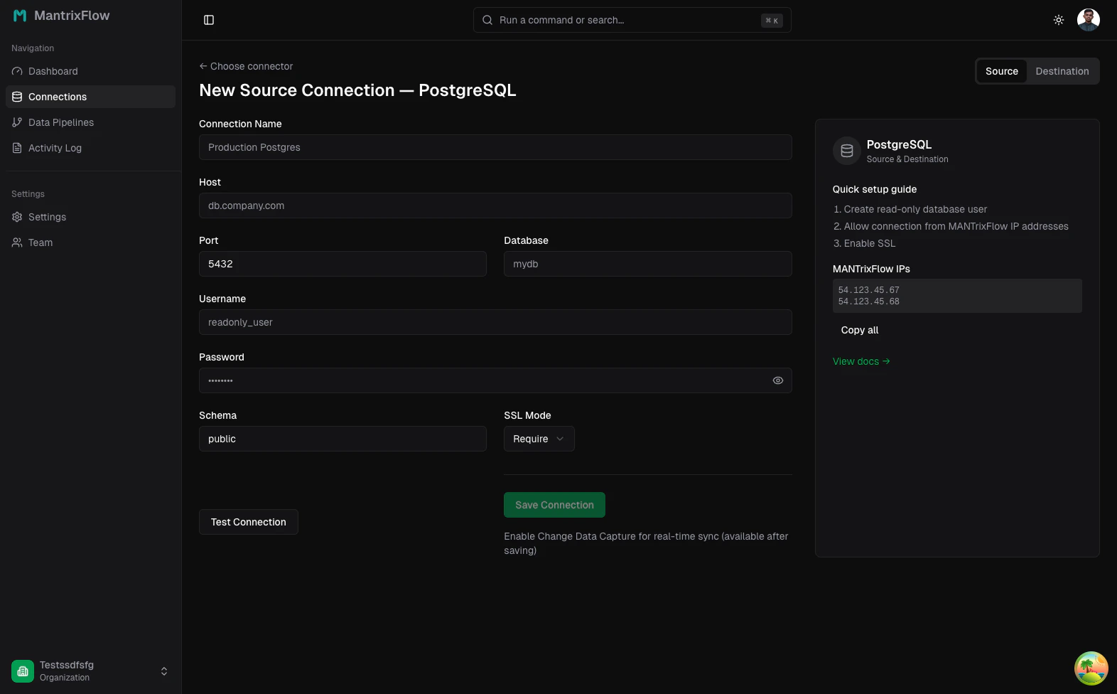 PostgreSQL connection form (new source)