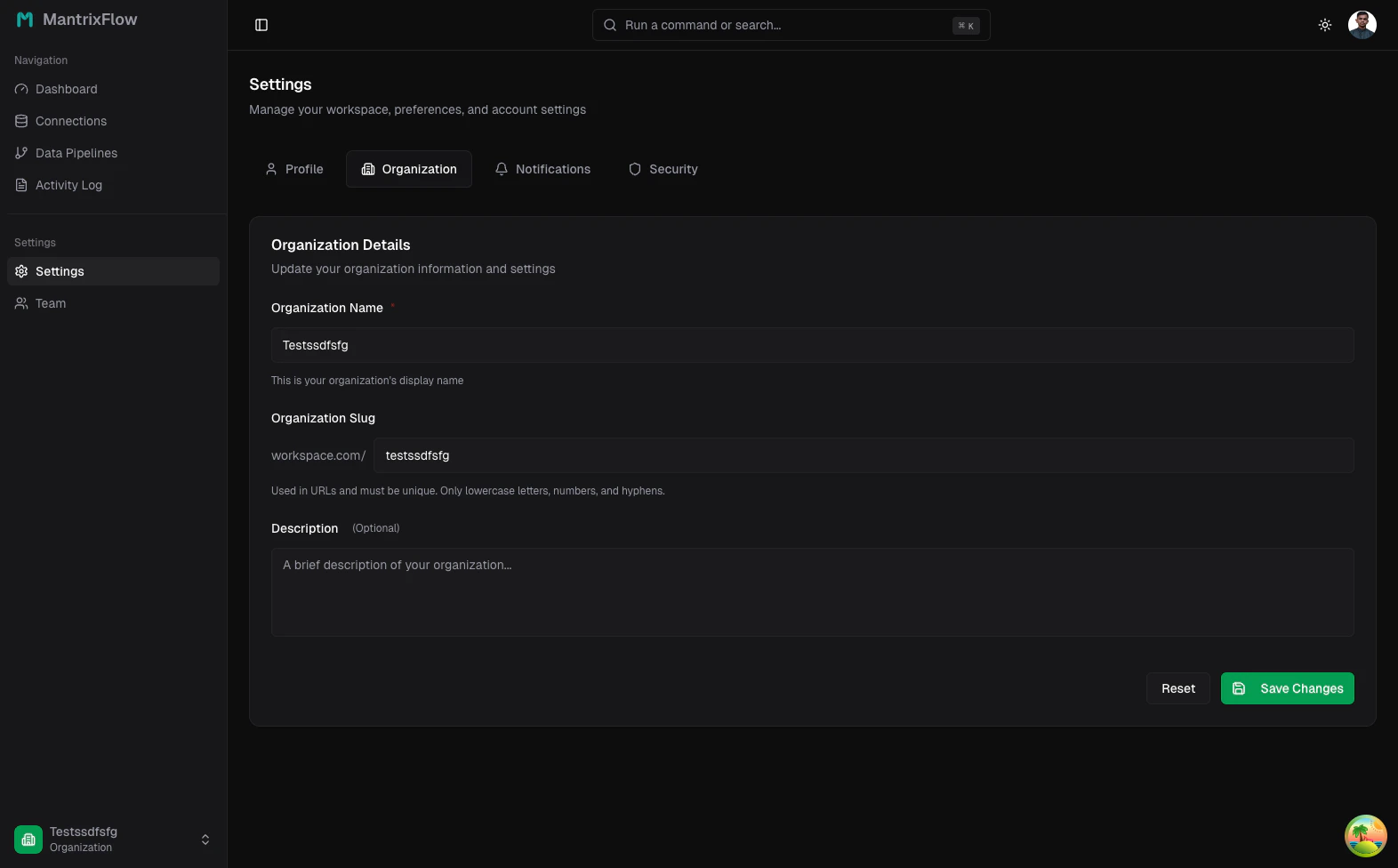 Settings — Organization tab