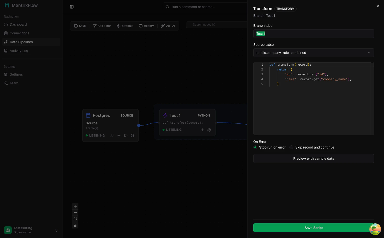Transform panel with Python script and branch label