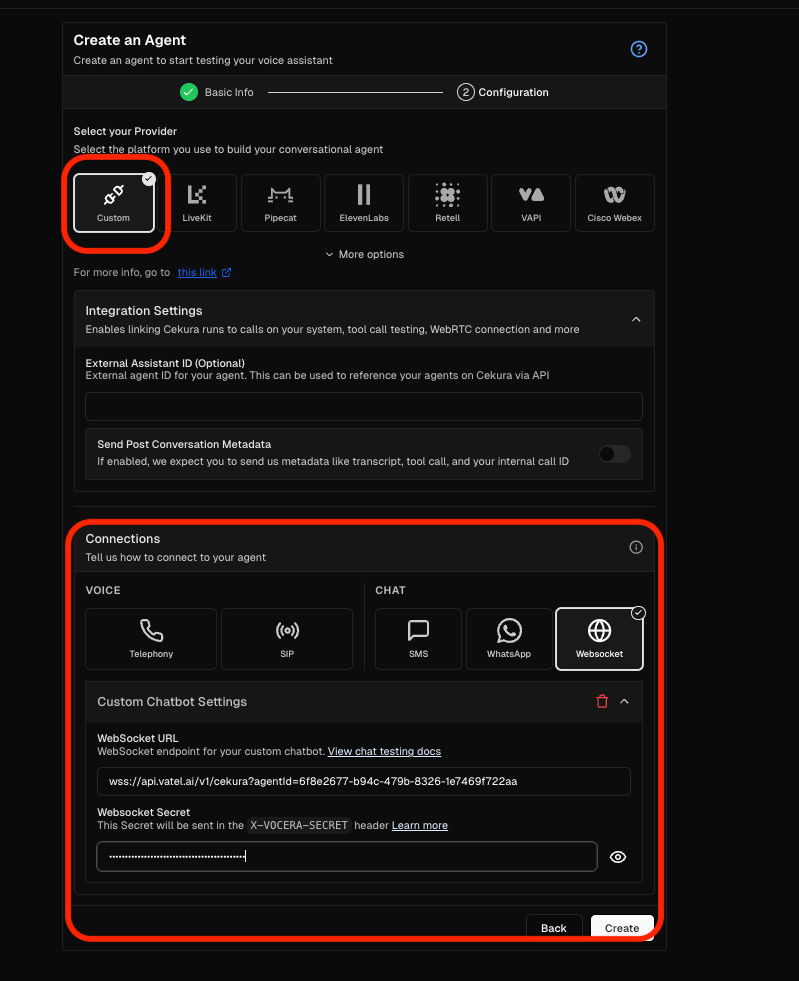 Configure chat bot and connection in Cekura