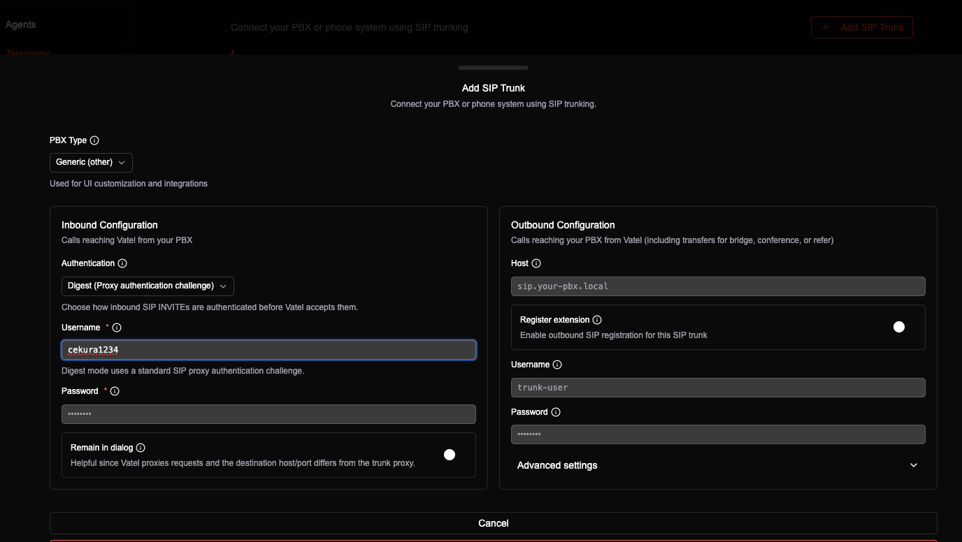 Configure SIP trunk in Vatel