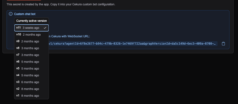 Select agent, version, and WebSocket URL