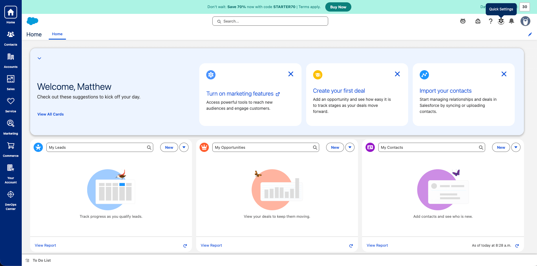 Salesforce homepage with settings icon