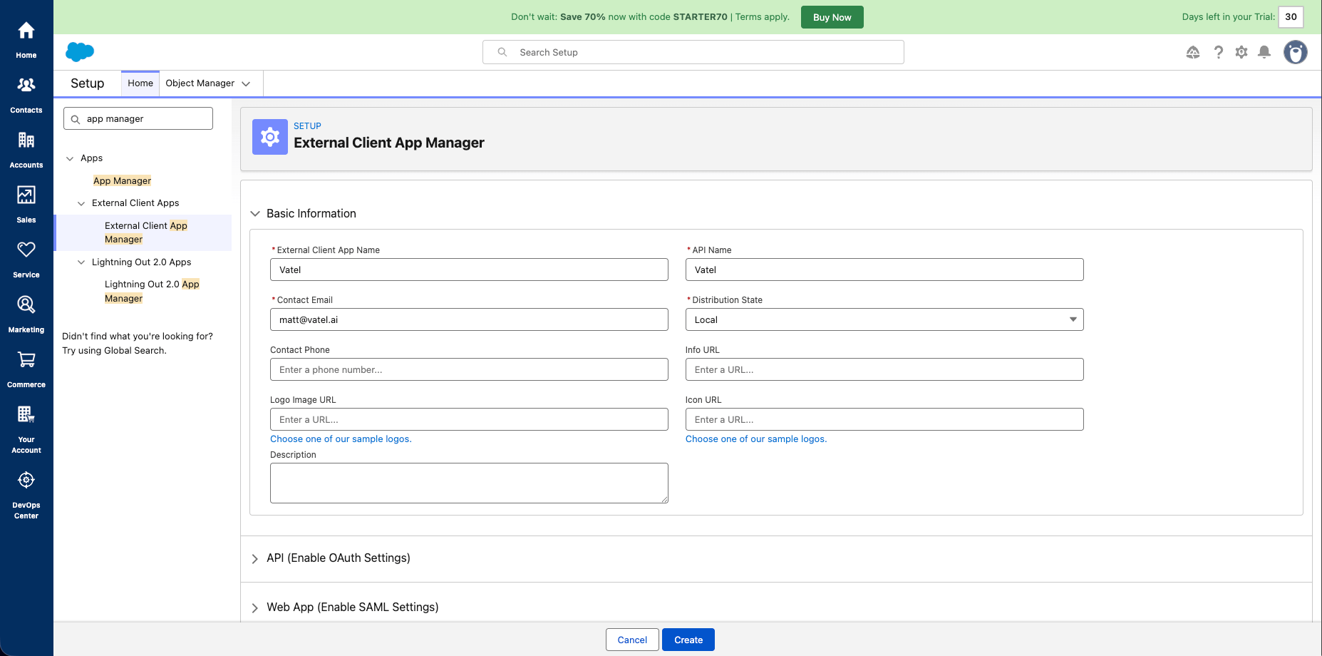 External Client App Manager setup form
