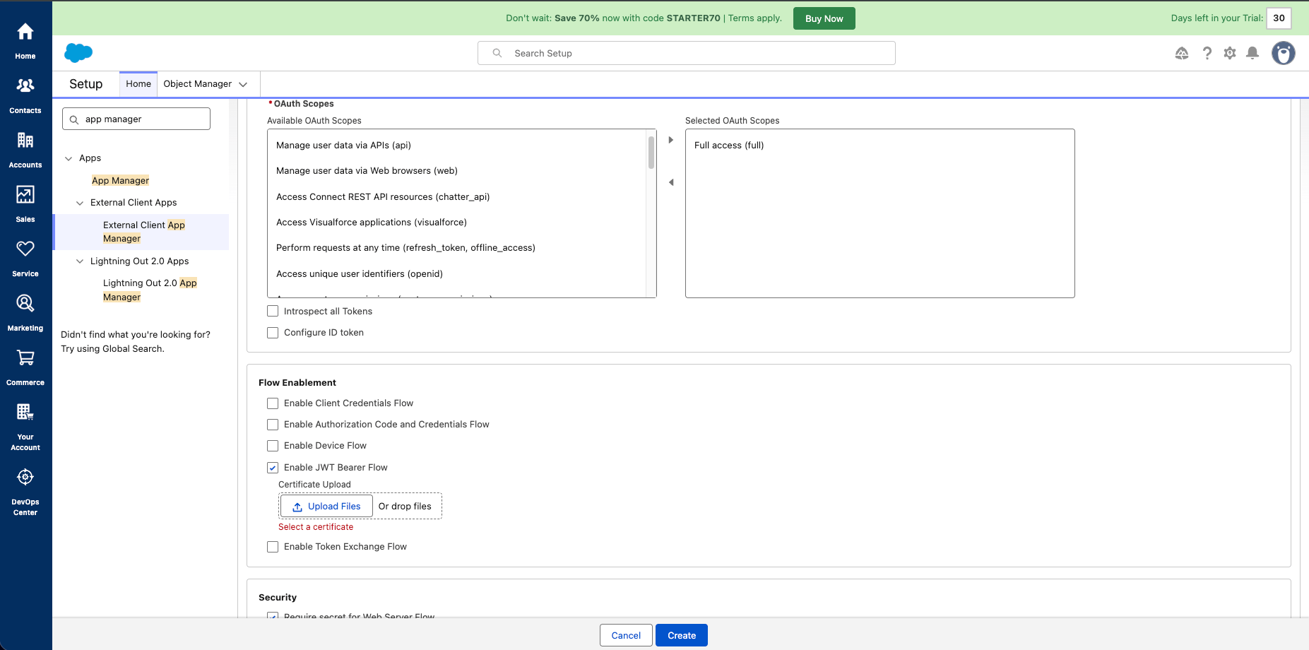 Flow Enablement panel with JWT Bearer Flow enabled