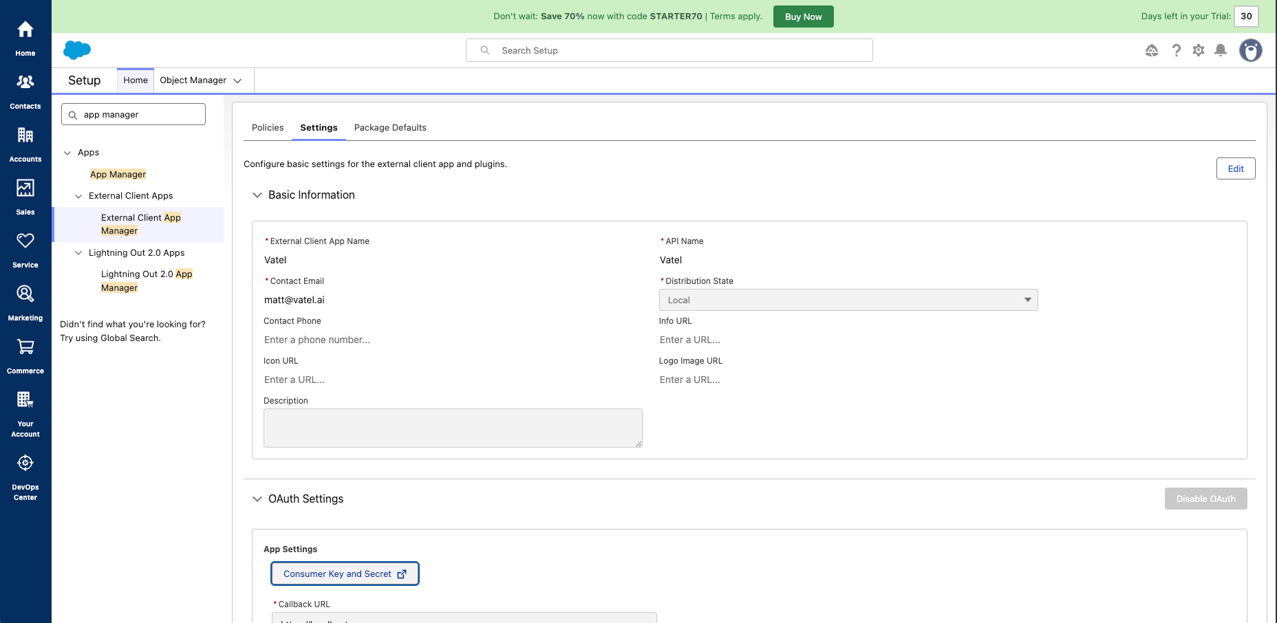 Consumer Key and Secret button in app settings