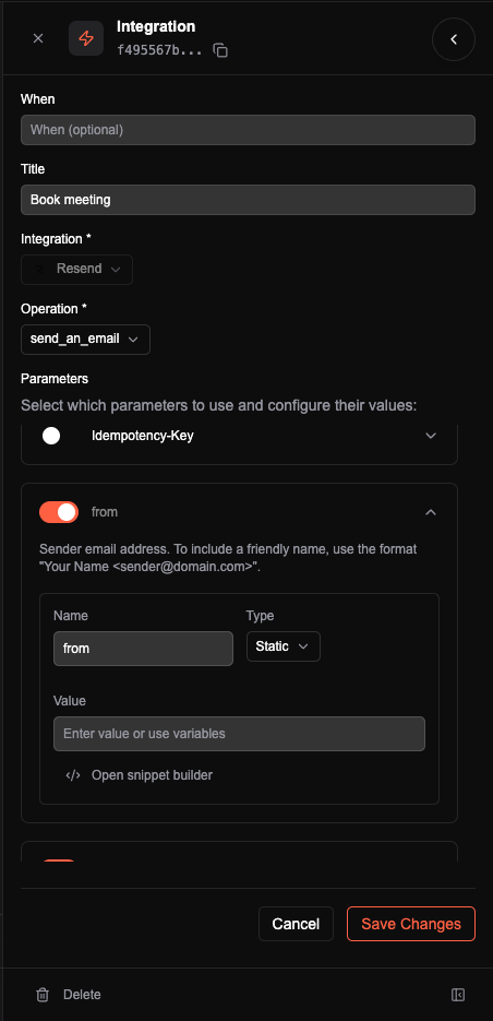 Resend email node configured as Book meeting