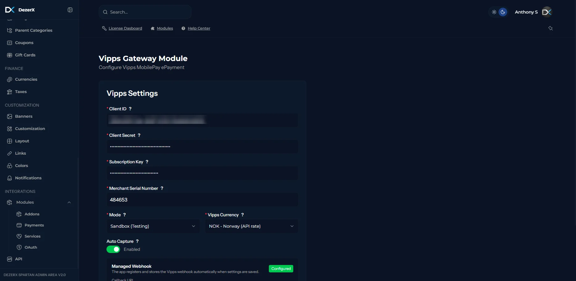 Spartan Vipps Gateway configuration