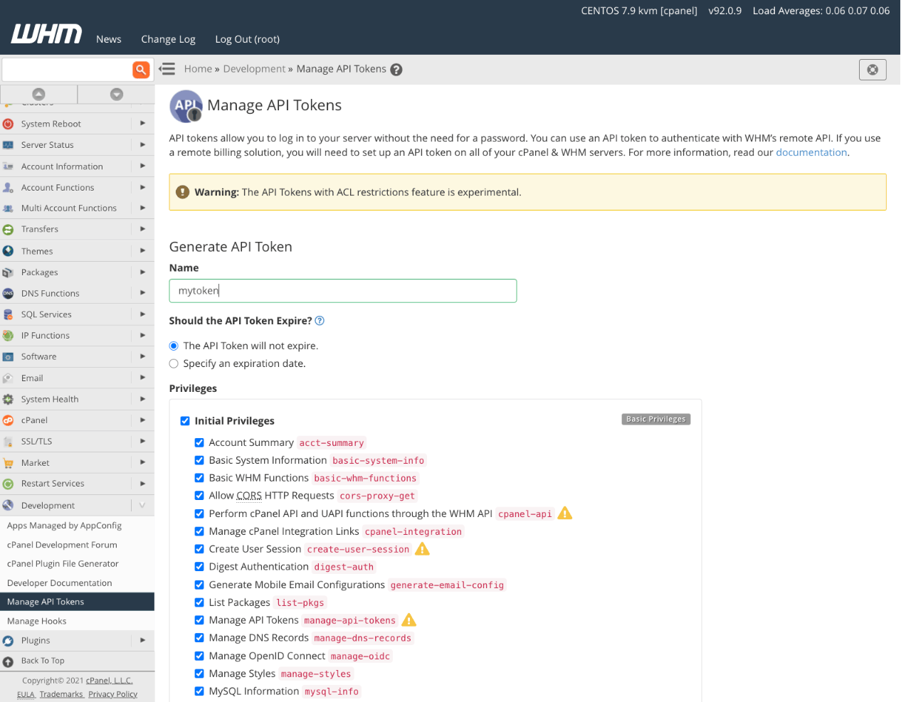 WHM API token configuration