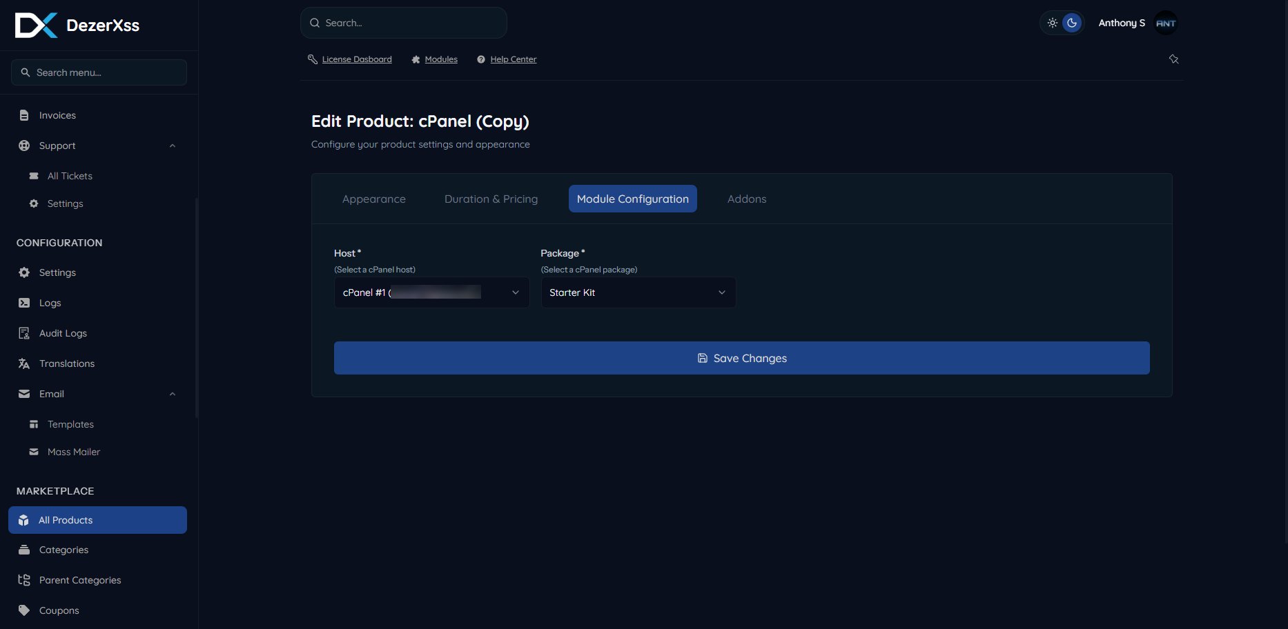 cPanel product configuration