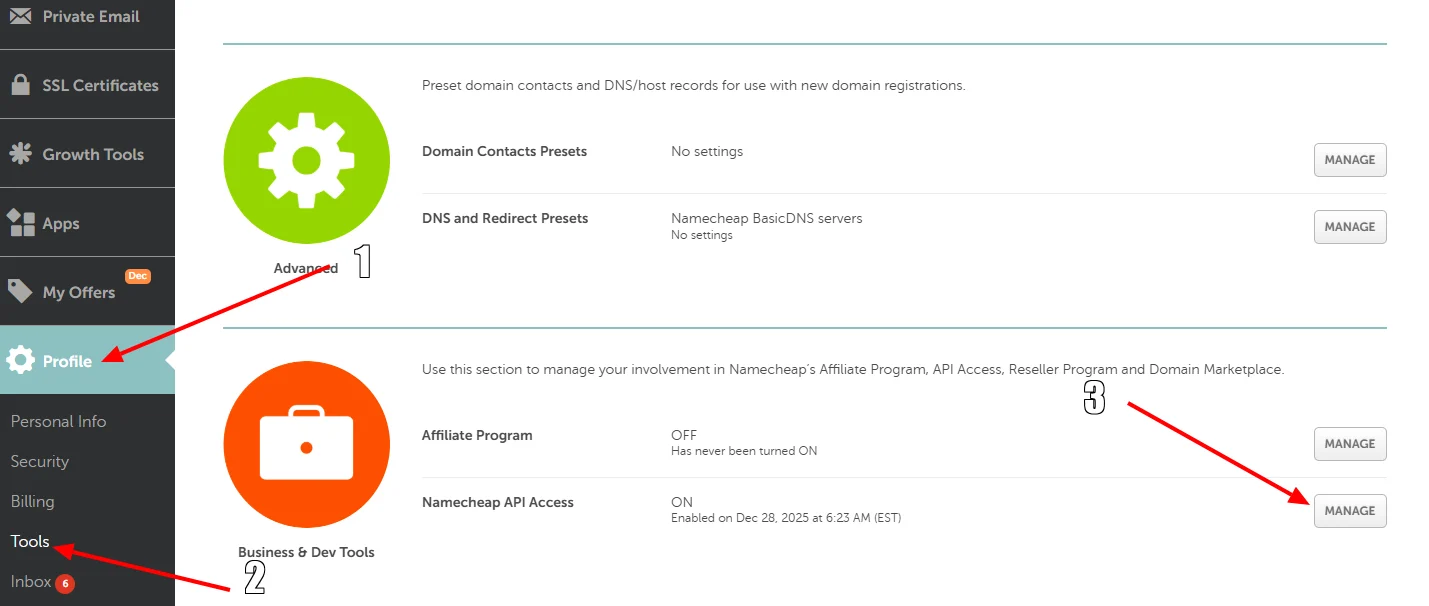 Namecheap API settings