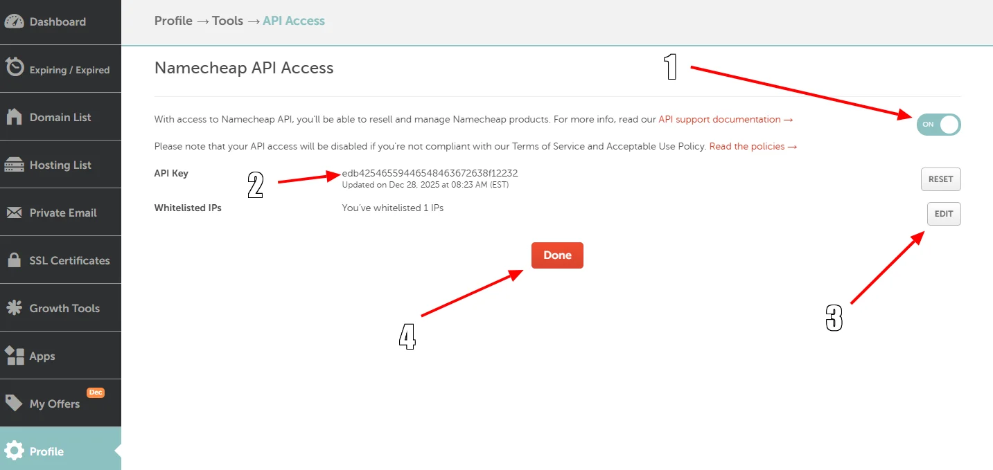 Namecheap API configuration