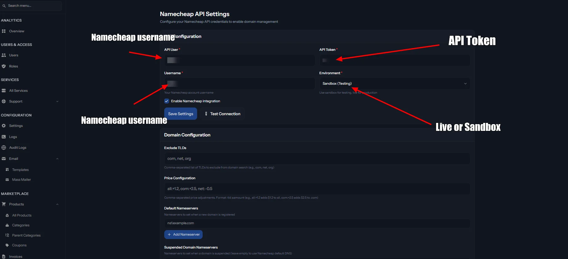 Namecheap service configuration