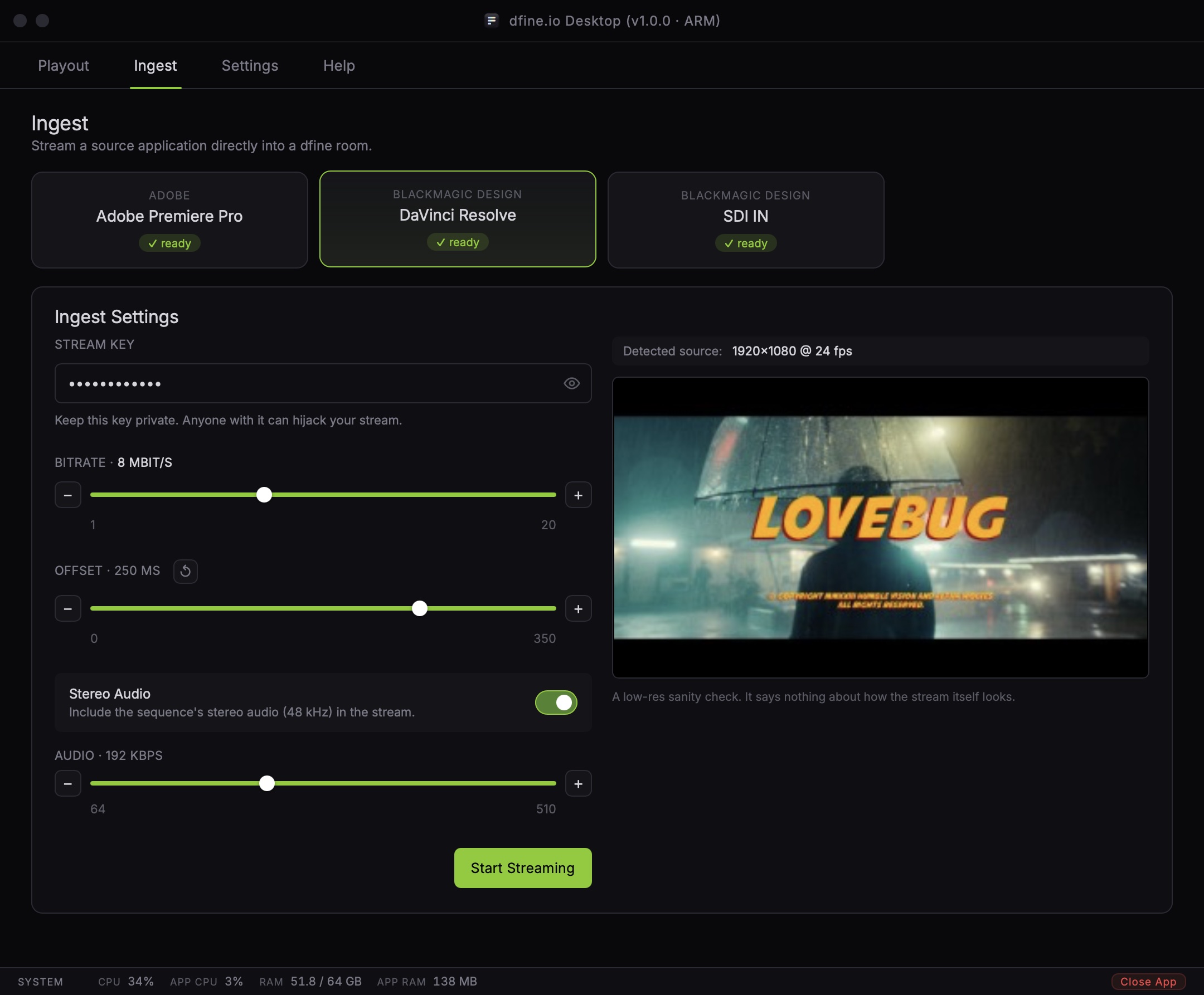 Der Ingest-Reiter mit einer aktiven DaVinci-Resolve-Quelle in der Vorschau