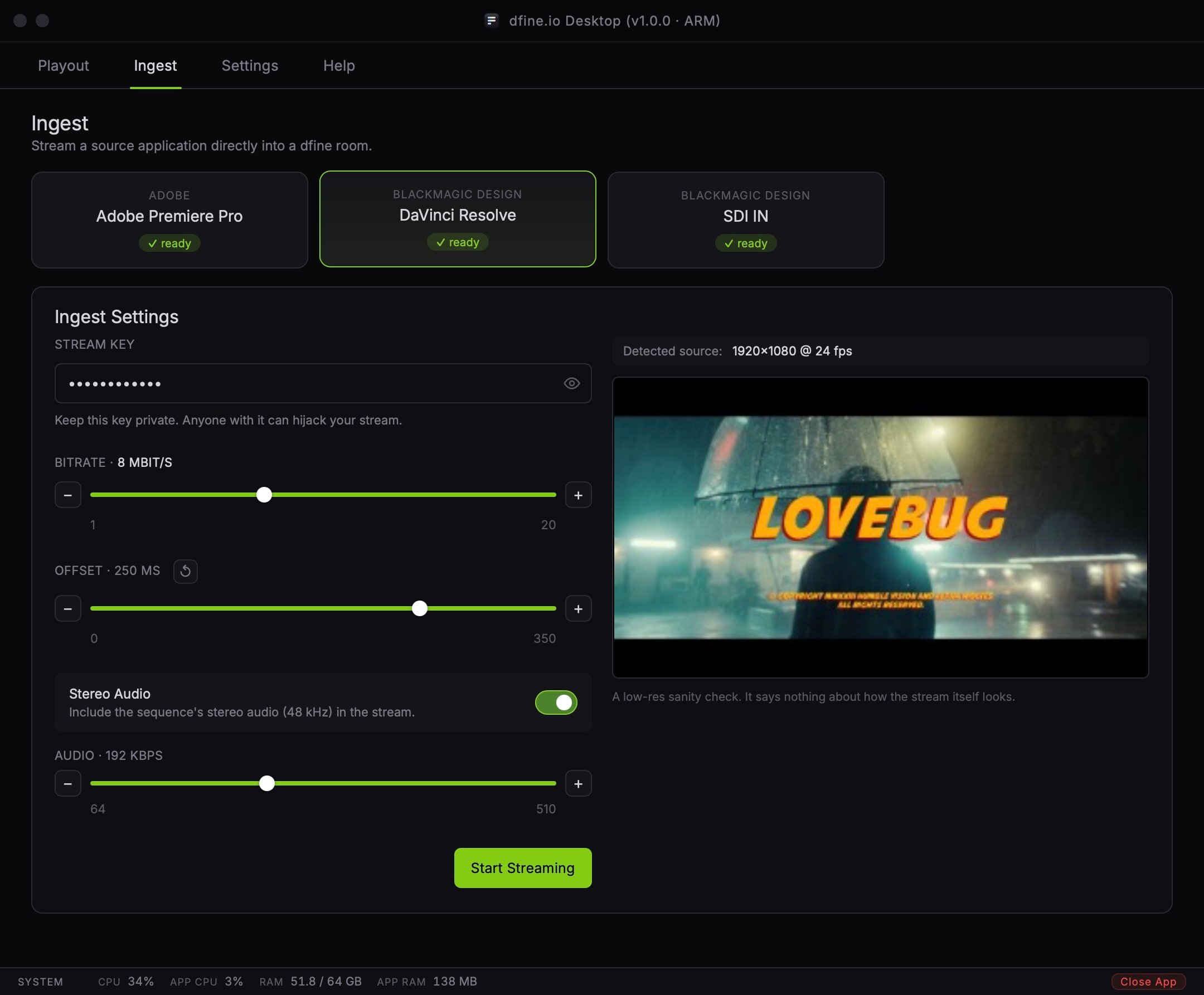 Der Ingest-Reiter mit einer aktiven DaVinci-Resolve-Quelle in der Vorschau