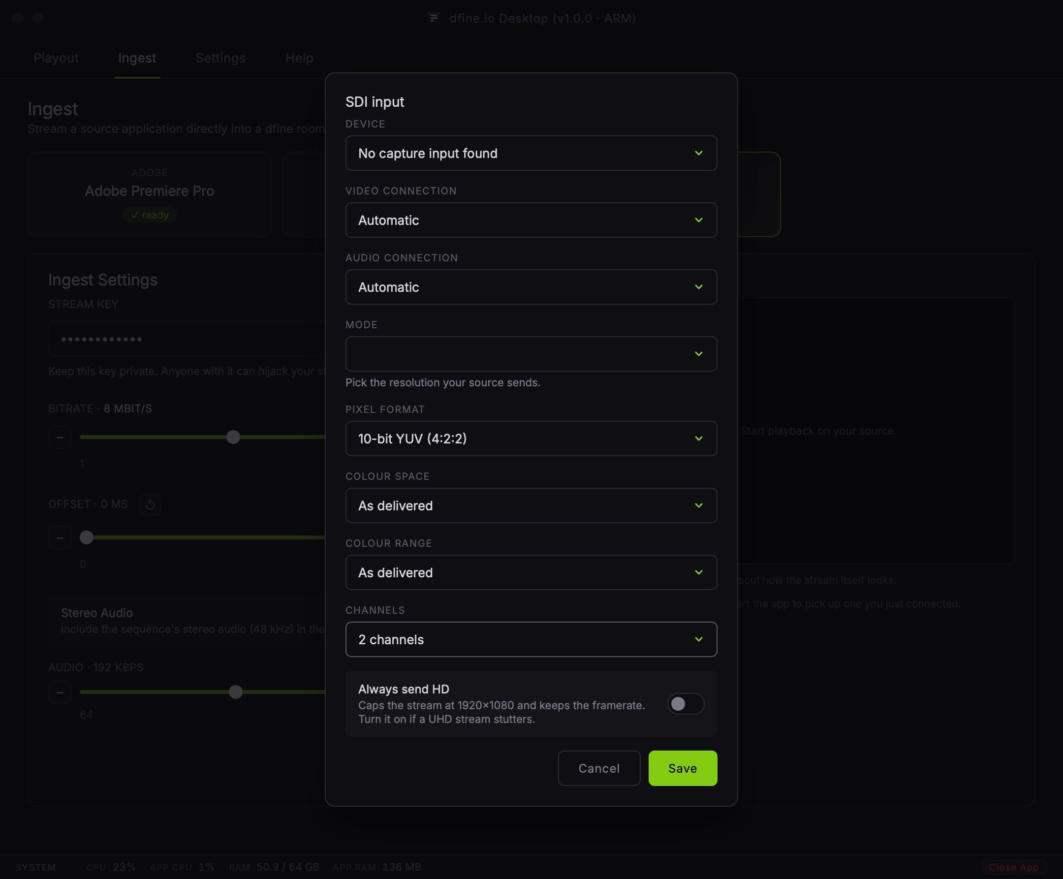 The SDI input dialog with device, connection, mode and pixel format settings