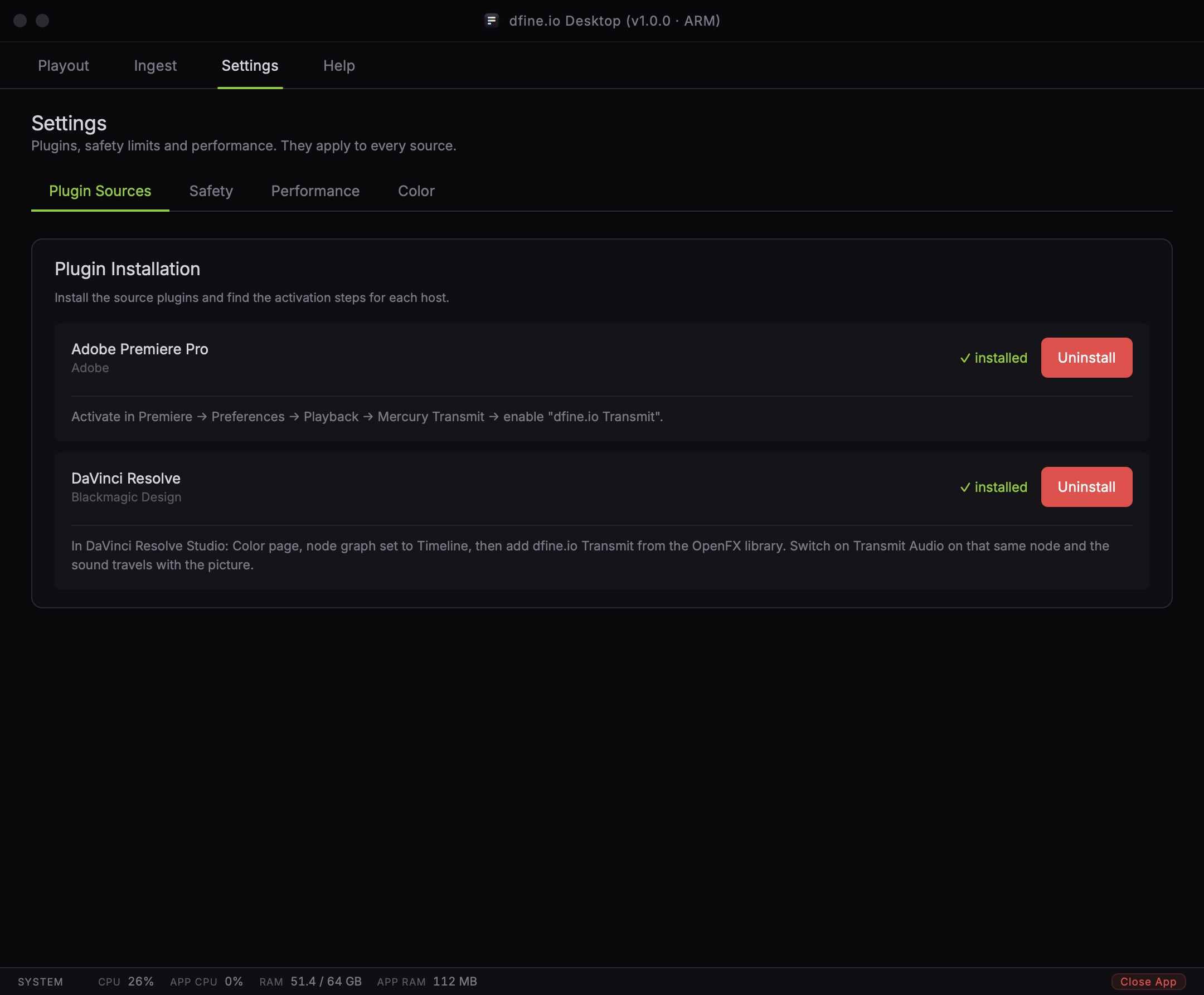 Der Reiter Plugin Sources mit der Adobe-Zeile und DaVinci Resolve, beide installiert