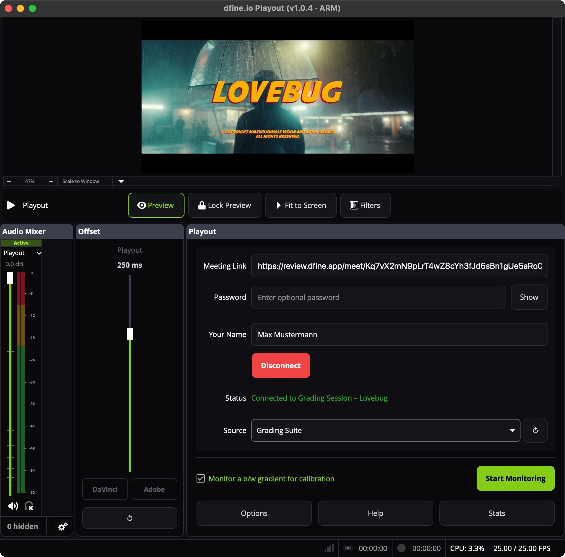 Playout mit angehaktem Kalibrier-Verlauf, Start Monitoring bereit, ihn an die Karte zu senden