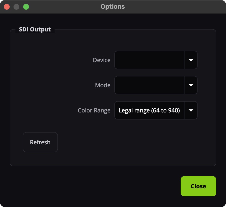 Der Options-Dialog mit SDI-Output-Gerät, Modus und Farbbereich
