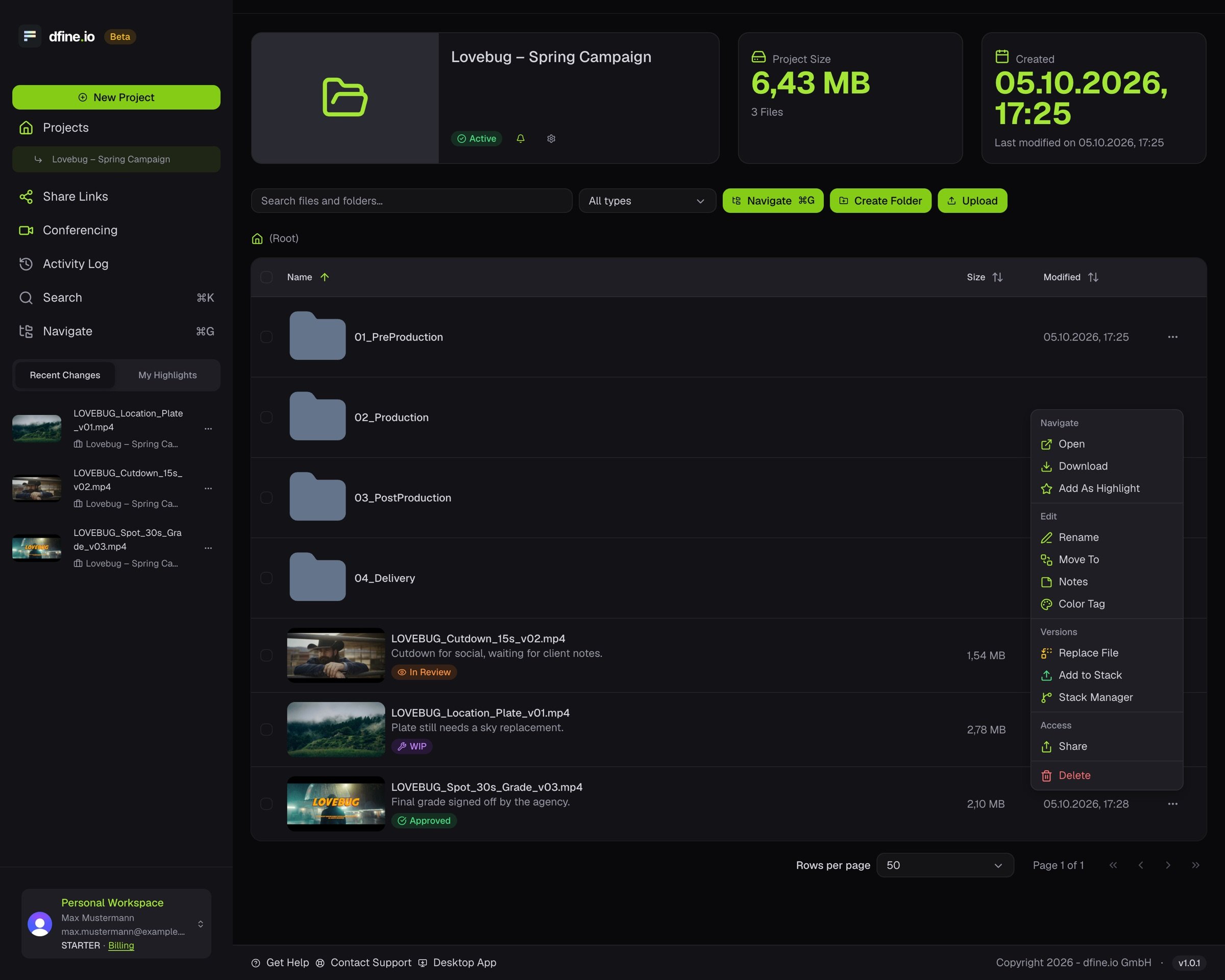 Das Menü an einer Dateizeile mit den Gruppen Navigate, Edit, Versions und Access